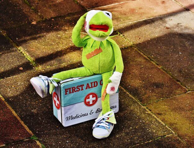 Kermit the frog sat on a first aid kit